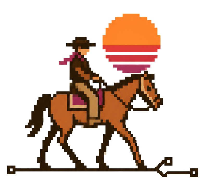 Pixel-art rider on horseback at sunset